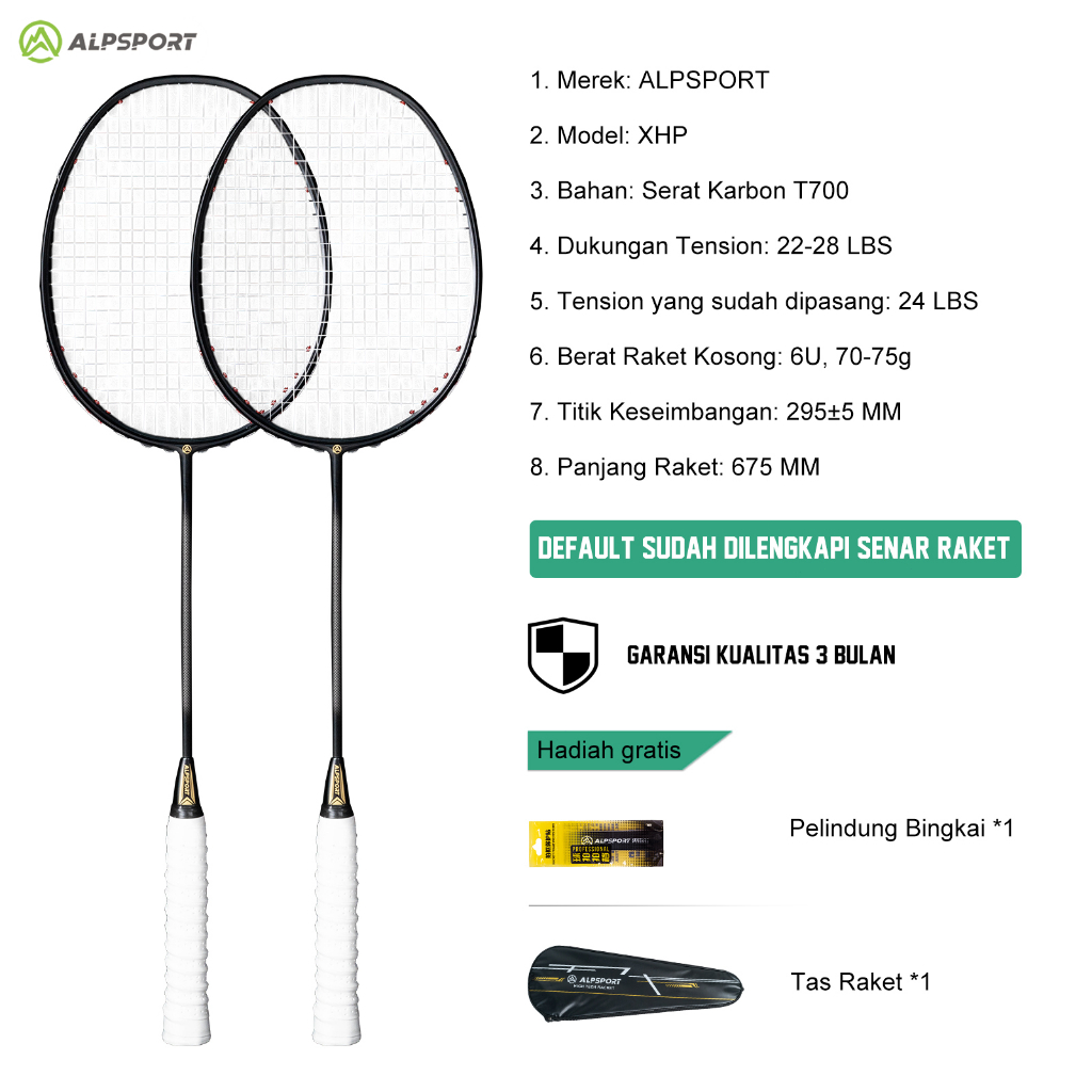 ALPSPORT XHP【2Pcs + Tas】6U G4 Max 30LBS Putih Raket BuluTangkis T700 100% Serat Karbon Penuh Badmint