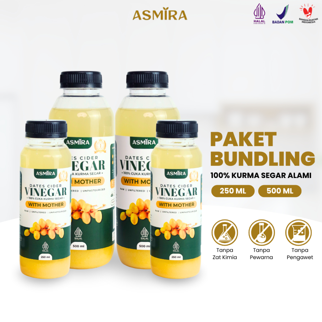 

Paket Best Seller Asmira Cuka Kurma Segar Alami 2 Botol 500ml & 2 Botol 250ml Membantu Promil