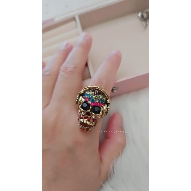 Cincin Fashion Skull Ring Elastic Ring Gold Silver Adjustable
