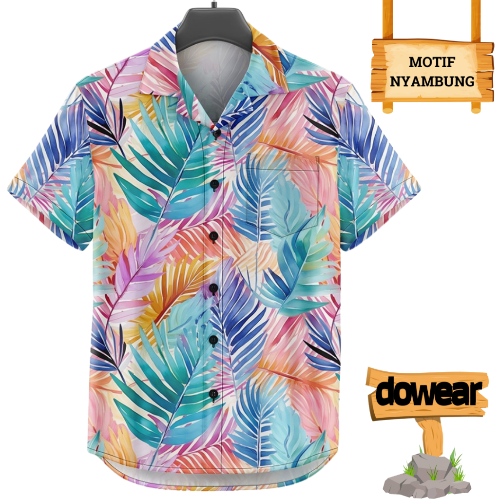 Dowear Baju Kemeja Motif Kekinian Cowok Cewek Bali Pantai Surfing Hawai Jumbo TROPICAL LEAF 407
