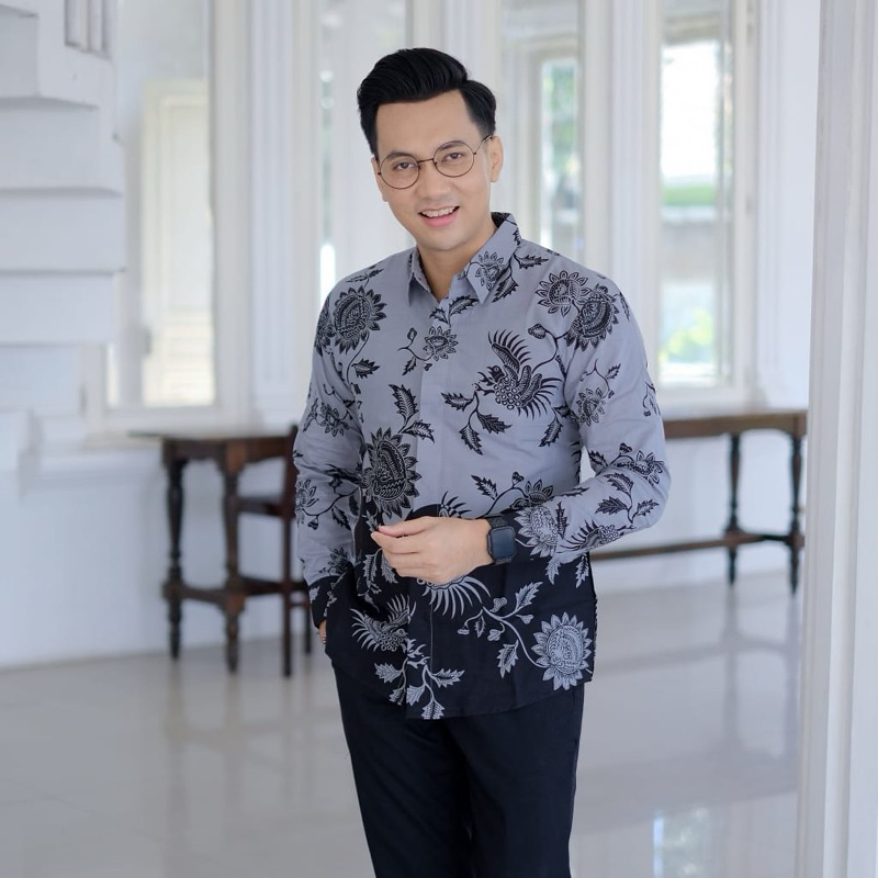 Kemeja Batik Pria slim fit Motif Bunga Abu Lengan panjang Lapis puring