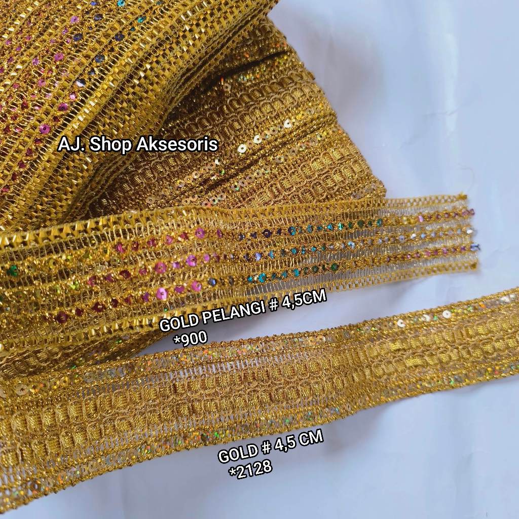 Renda emas perak / renda payet india / pita renda payet gold lebar 4 cm / 4,5 cm