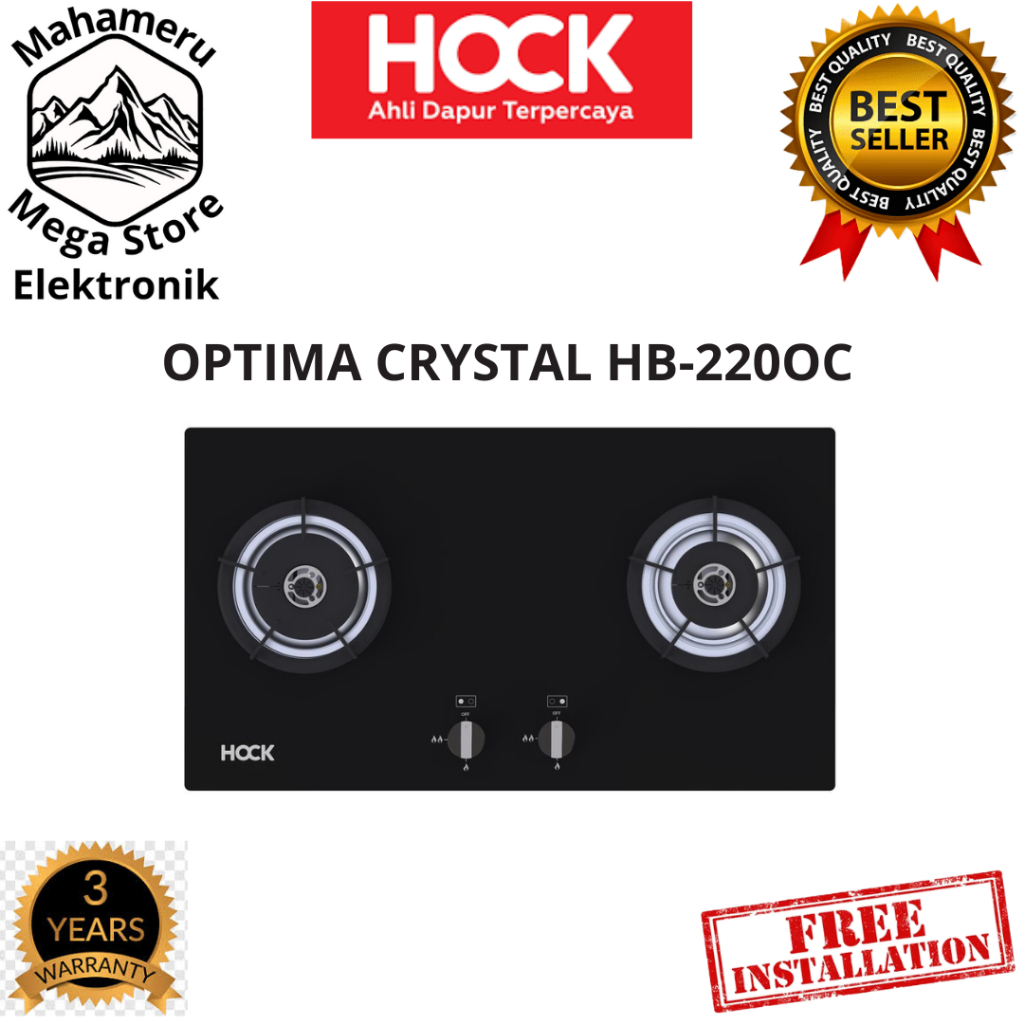 Kompor Gas Tanam Built-in-Hob 2 Tungku Hock Optima Crystal HB-220OC