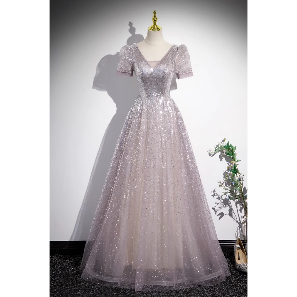 Gaun Pesta 2504006 Silver Ungu V Neck Lengan Pendek Party Dress