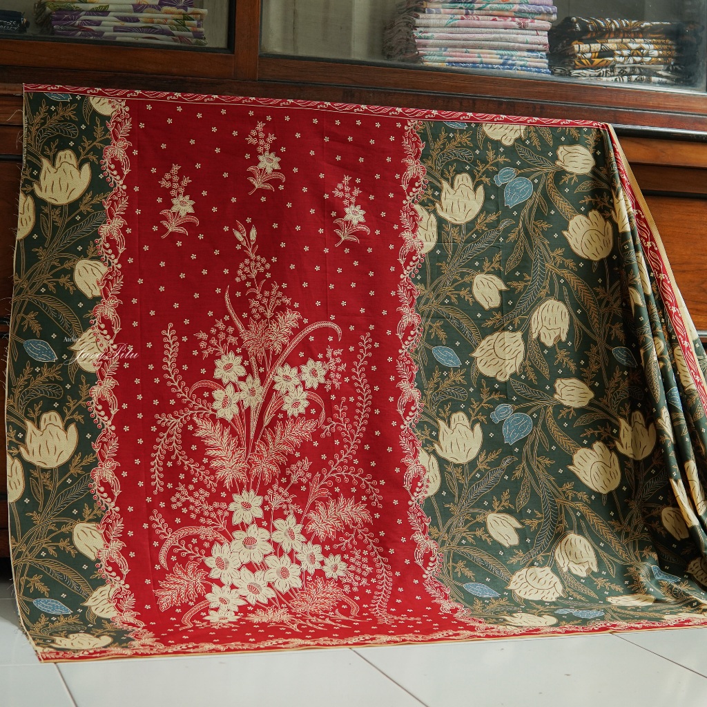 JavaPitu Rok Lilit - Kain Lilit Batik katun Premium European Style Merah hijau, Halus 2 meter-6358