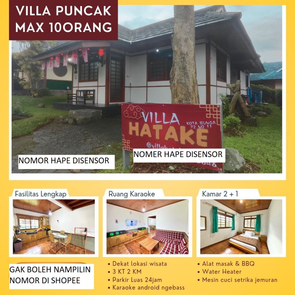 Sewa Villa HATAKE Konsep Jepang di Puncak Cipanas 3 kamar luas Kota Bunga max 10 orang Akses Gampang