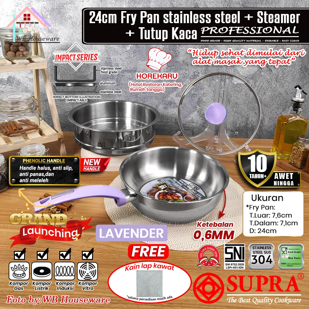 SUPRA Panci fry pan set 24cm + steamer + tutup kaca lavender stainless steel SUS 304 professional ch