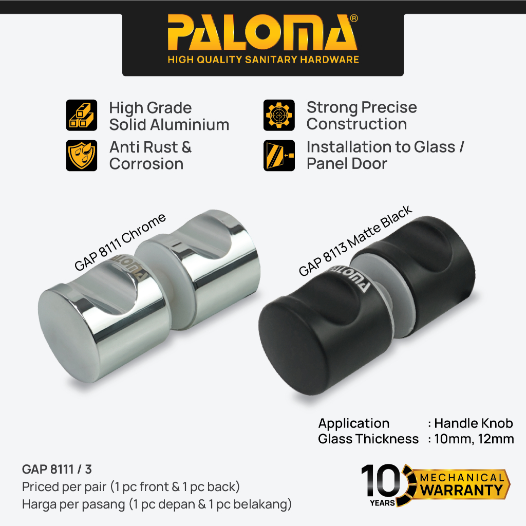 PALOMA Gagang Knob Pintu Kaca Gagang Tarikan Glass Door Shower Cublicle Box Kamar Mandi Bathroom Alu