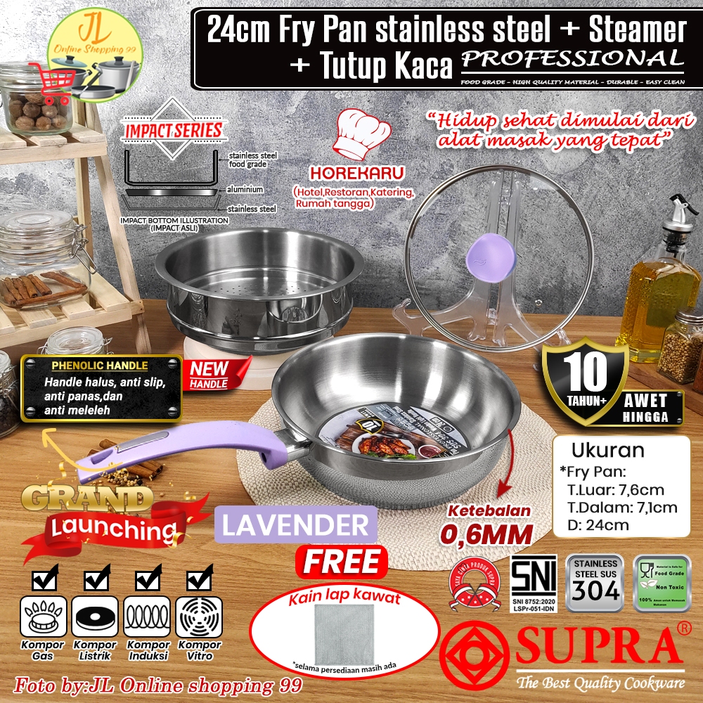 SUPRA Panci fry pan set 24cm + steamer + tutup kaca Lavender stainless steel SUS 304 professional ch