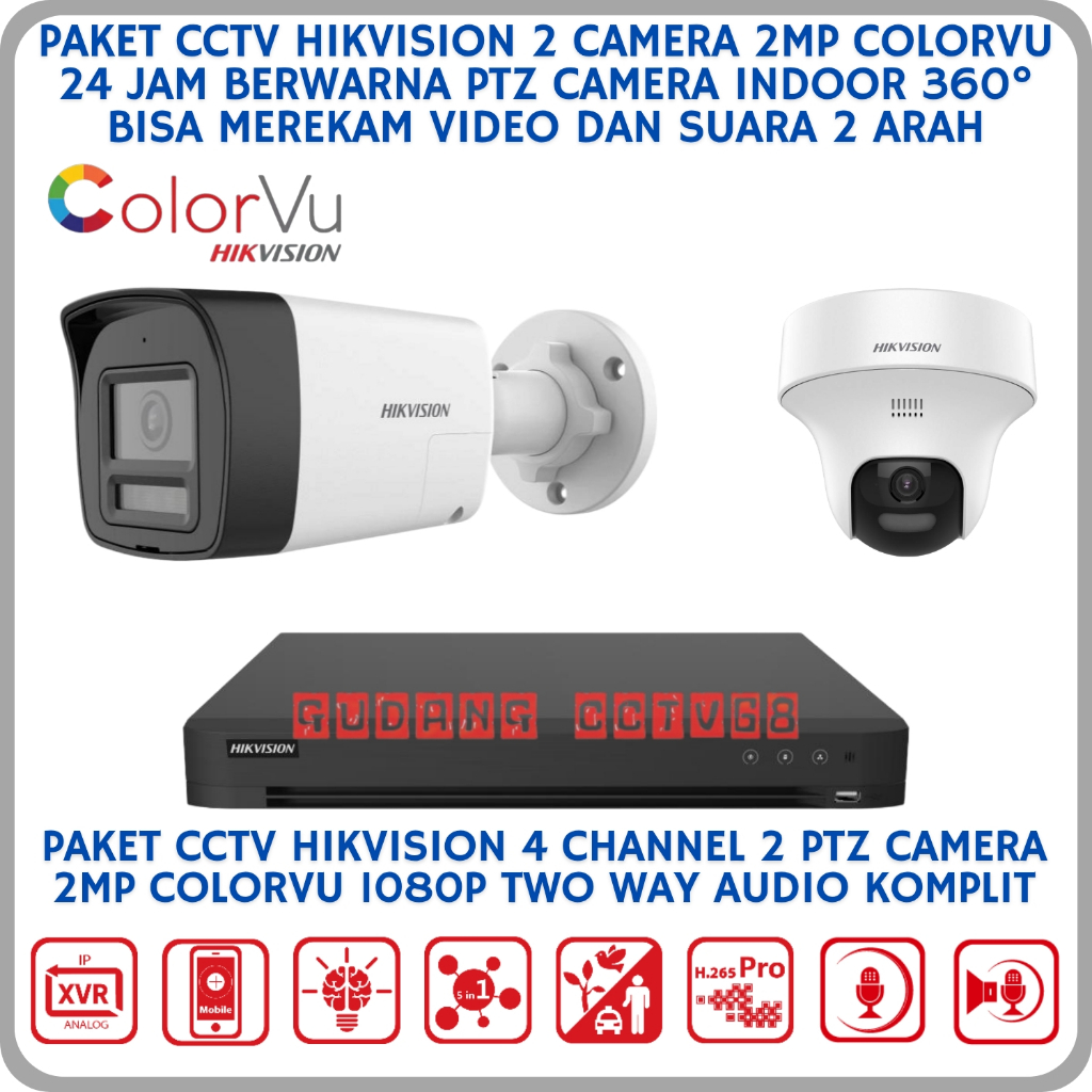 PAKET CCTV HIKVISION 2 CAMERA 2MP COLORVU TWO WAY AUDIO SERIES 1080P CAMERA CCTV SUARA 2 ARAH 360°