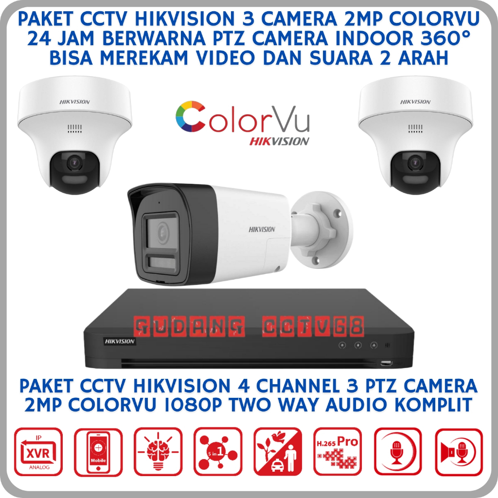 PAKET CCTV HIKVISION 3 CAMERA 2MP COLORVU TWO WAY AUDIO SERIES 1080P CAMERA CCTV SUARA 2 ARAH 360°