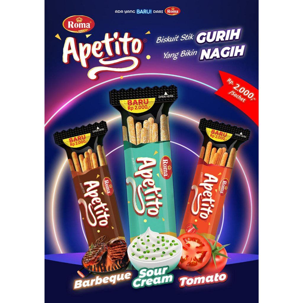 

Roma Apetito snack biskuit stick crunchy & berbumbu kemasan 1 box (150g) isi 10 bungku