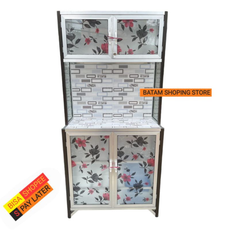 LEMARI PIRING 2 PINTU MOTIF / RAK PIRING DAPUR ALUMINIUM KACA MOTIF
