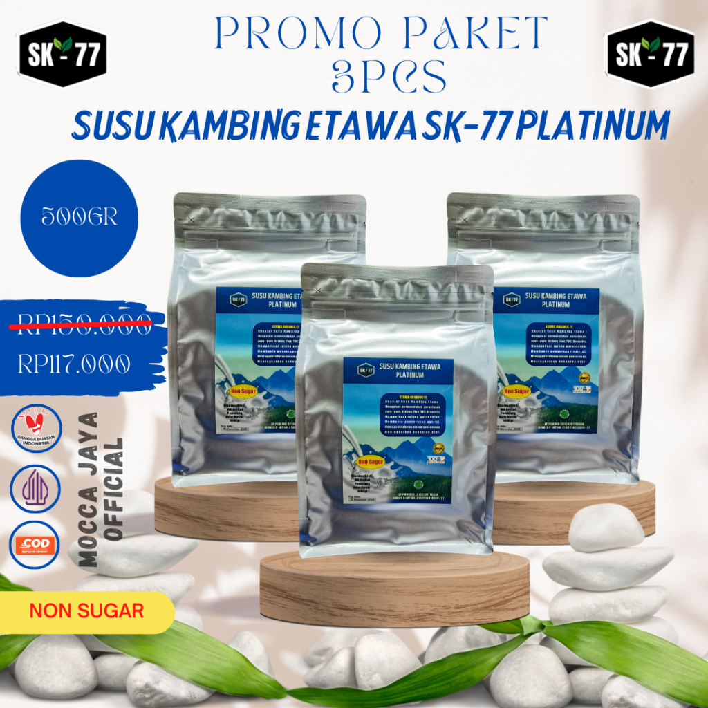 

PAKET 3 PCS SK-77 PLATINUM SUSU KAMBING ETAWA BUBUK RASA COKELAT,L/ORIGINAL/STROBERI/NON SUGAR 500GR