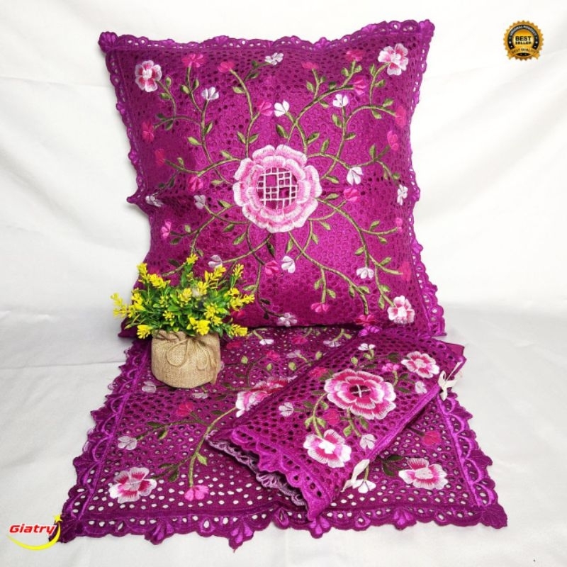 Set Sarung Bantal kursi warna magenta/Sarung bantal kursi kerancang bordir