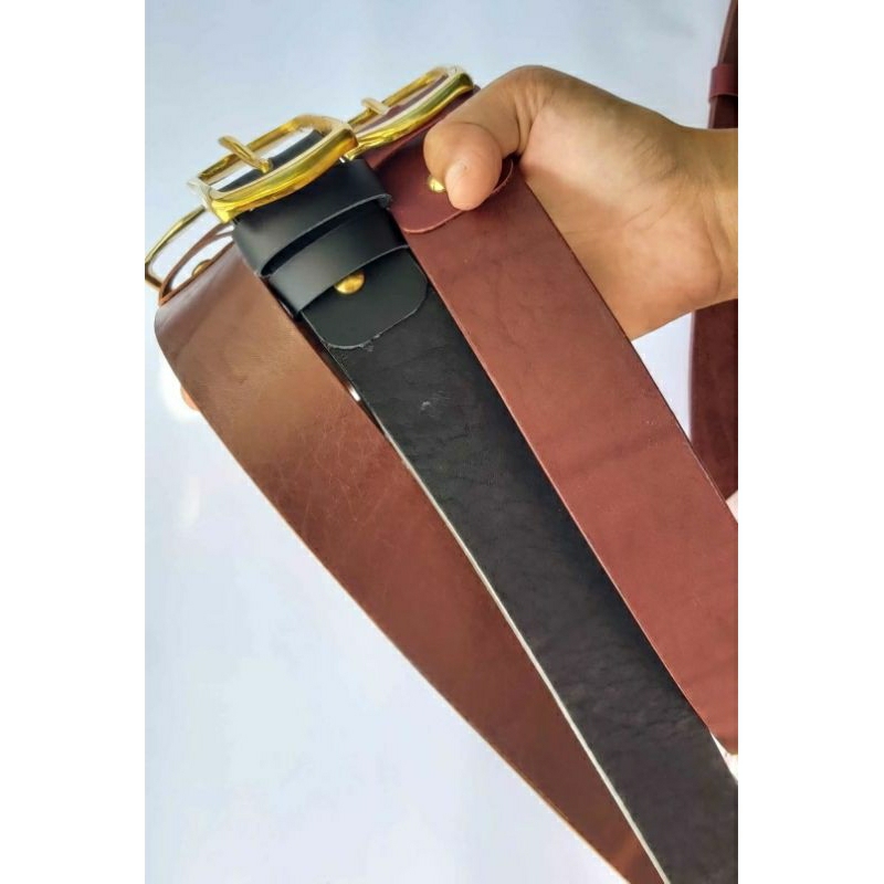 gesper kulit vegtan nabati kepala kuningan