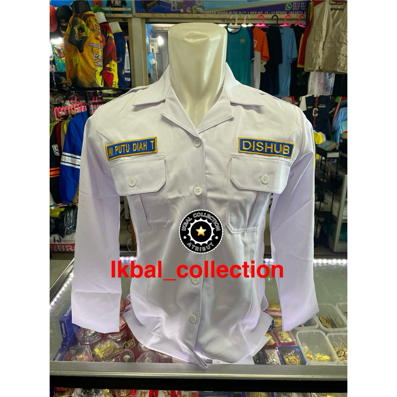 SERAGAM PDH DISHUB WANITA PANJANG KERAH TIDUR (BAHAN TXSAS) BAJU PUTIH DISHUB WANITA / KEMEJA PUTIH 