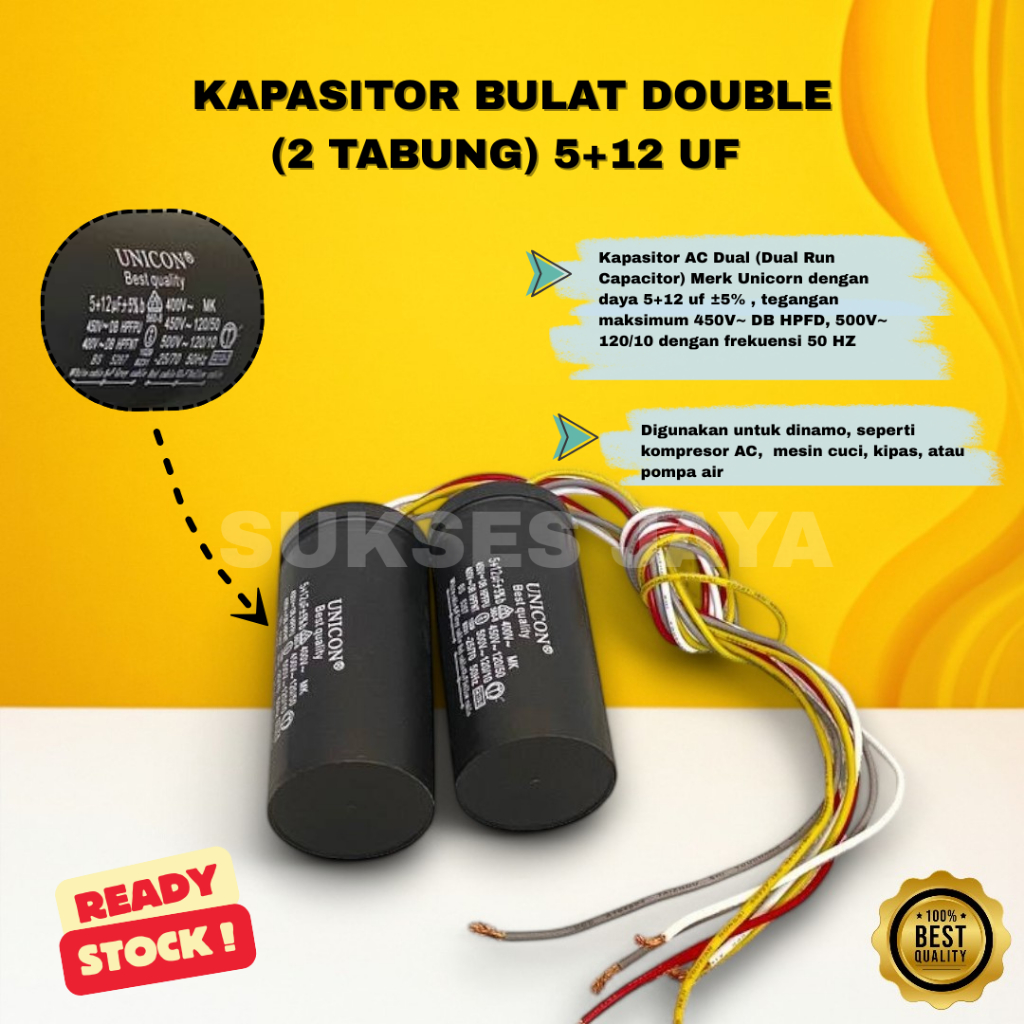 KAPASITOR BULAT DOUBLE 5+12 UF / KAPASITOR MESIN CUCI 5+12 UF MIKRO/KAPASITOR UNIVERSAL