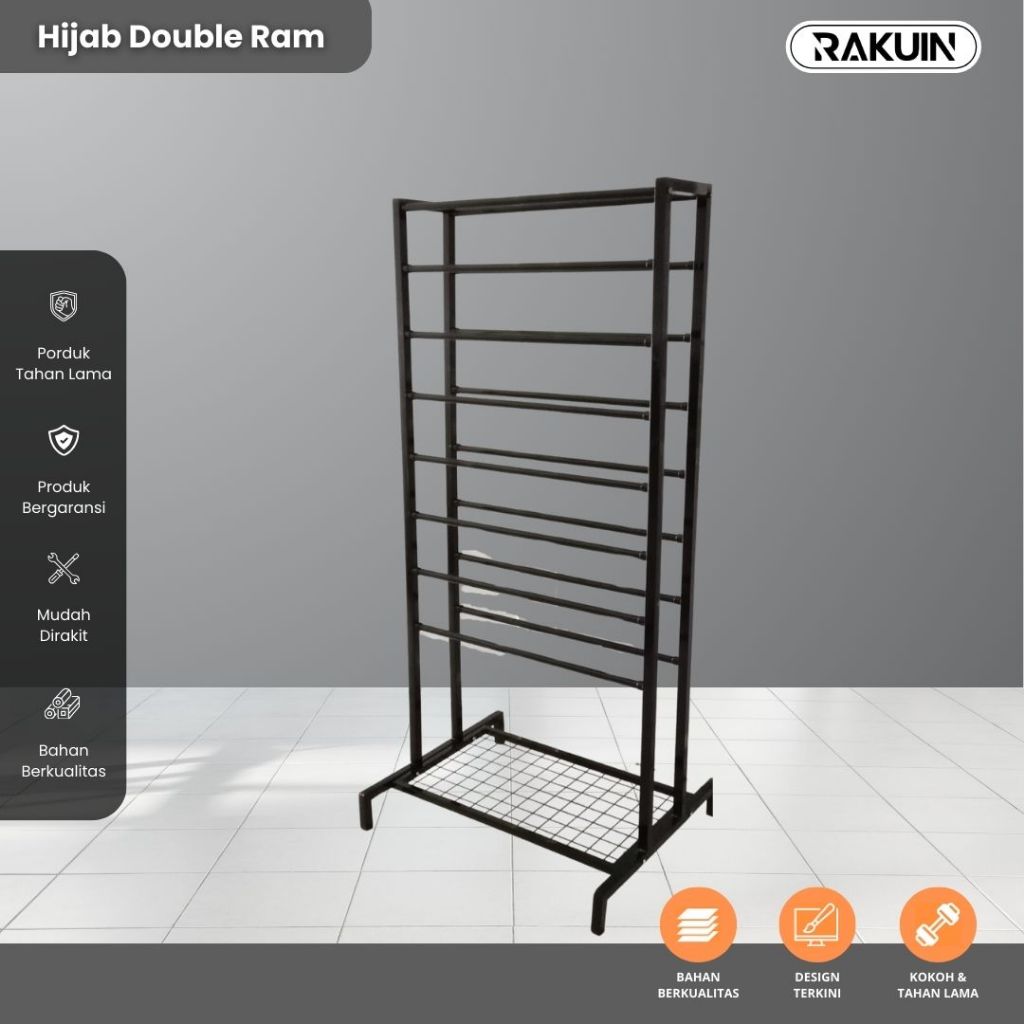 RAK HIJAB DOUBLE RAM -  UNTUK HIJAB / KERTAS KADO / SARUNG, COCOK UNTUK DISPLAY TOKO BUTIK - RAKUIN