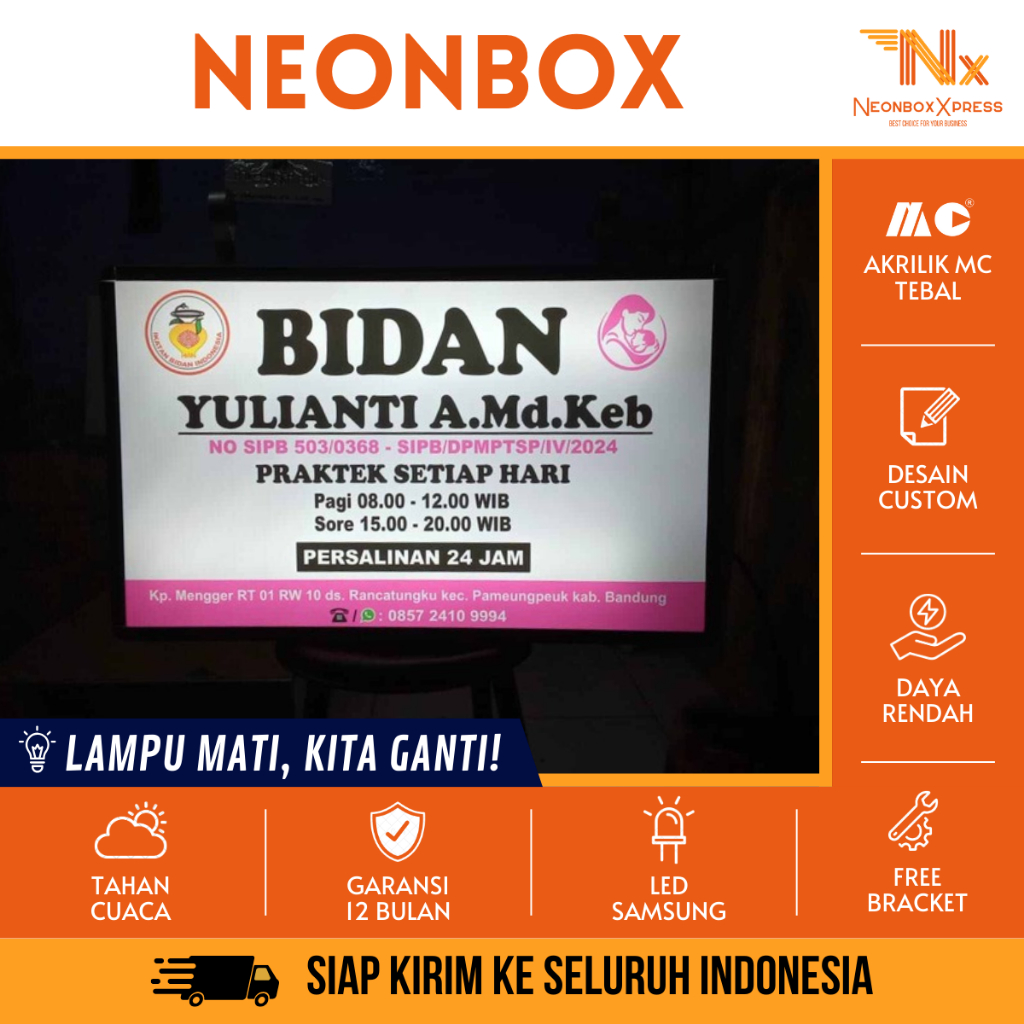Neon Box Bidan Praktek Tinggal Ganti Nama Reklame LED Neonbox Bidan Neonbox Praktek Dokter 1/2 Sisi