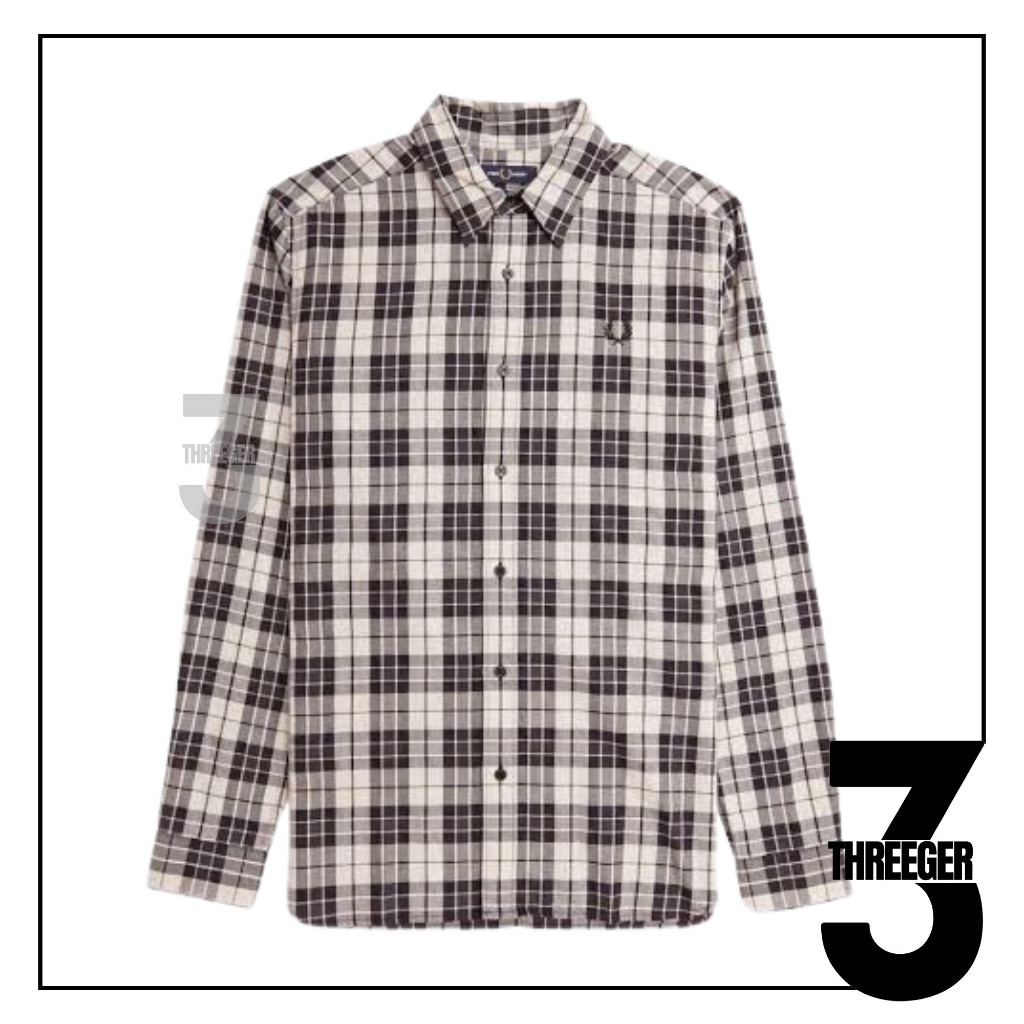 Fred Perry Tartan Twill Long Sleeve Shirt Porridge Marl Original / Kemeja Fred Perry Original