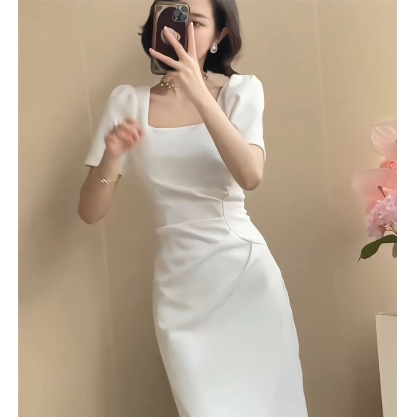 baju midi dress terbaru lebaran 2025  tunic dress korea putih polos gereja prewedding elegan wanita 