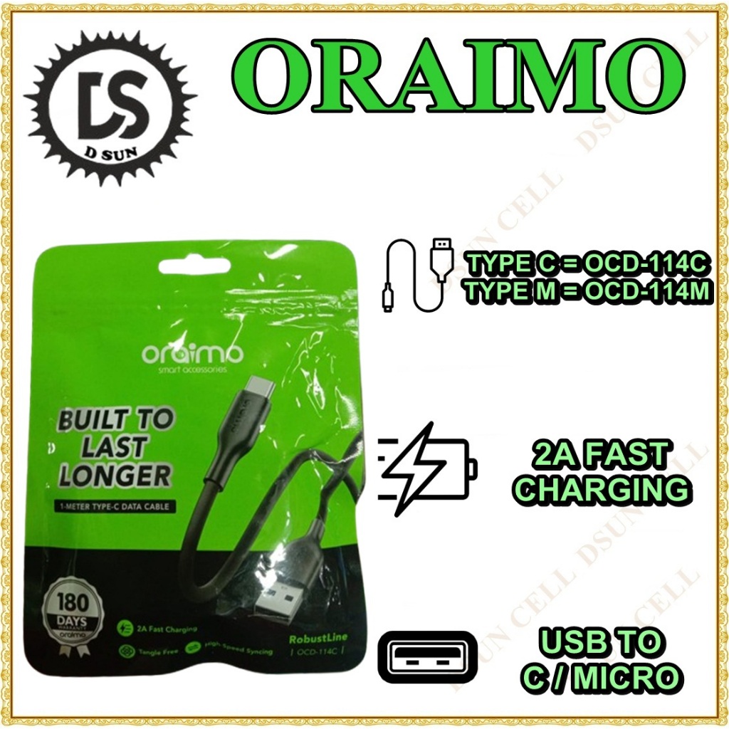KABEL DATA ORI ORAIMO OCD-114M OCD-114C OCD-114L 2A 1M MICRO TYPE C USB CABLE LIGHTNING