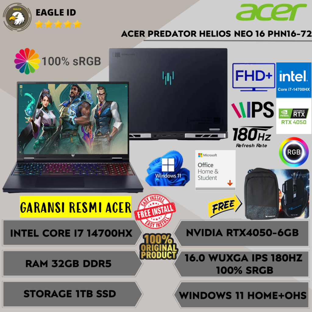 Laptop Gaming Terbaru Acer Predator Helios Neo 16 PHN16-72 Intel Core i7 14700HX Ram 32GB DDR5 2TB S