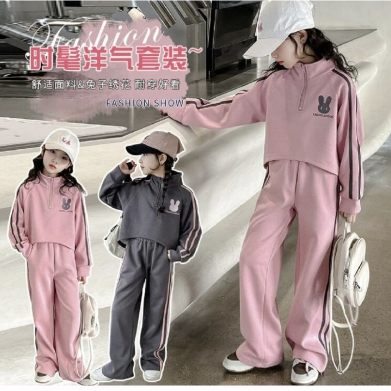 Setelan Crop Top Anak Perempuan Korea Style Rabbit Sporty - Crop Top Anak Perempuan Kekinian Junior 