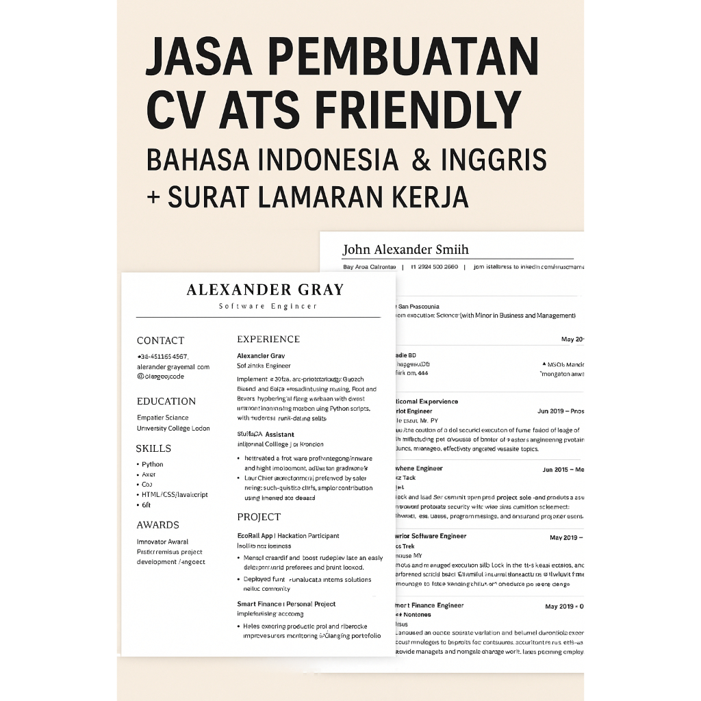 CV ATS Friendly Bahasa Indonesia & Inggris + Surat Lamaran Kerja
