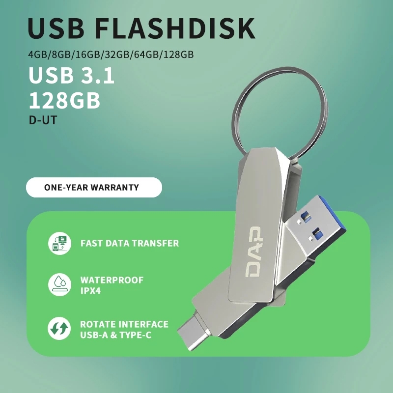 Mobile phone USB flash drive 32g 2 in 1 silver metal USB flash drive large capacity waterproof Typec