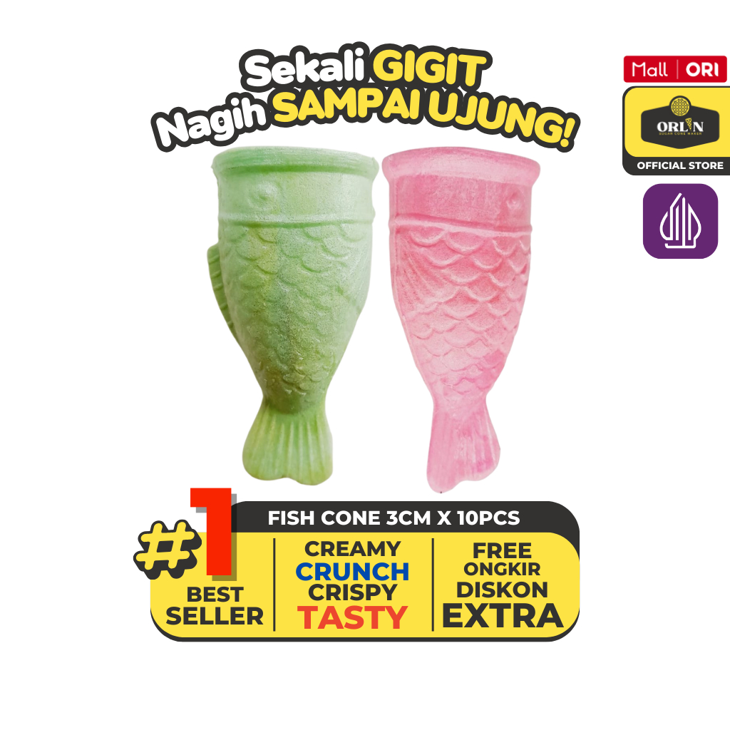 

ORLIN Wafer Fish Cone Ice Cream Isi 3cm x 9cm Isi 10pcs Sekali Gigit, Nagih Sampai Ujung