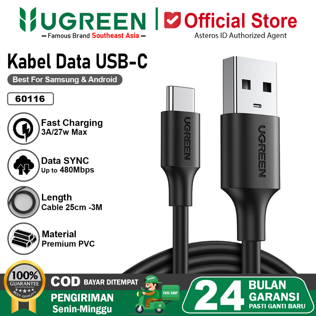 UGREEN Kabel Data USB Type C Fast Charging 25Cm 50Cm 1M 2M 3M Max 3A