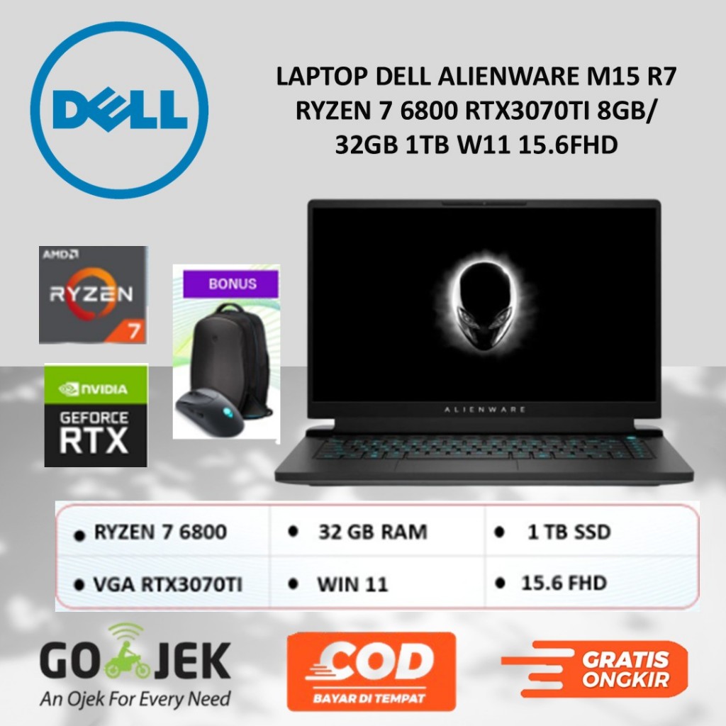 LAPTOP DELL ALIENWARE M15 R7 RYZEN 7 6800 RTX3070TI 8GB/ 32GB 1TB W11 15.6FHD