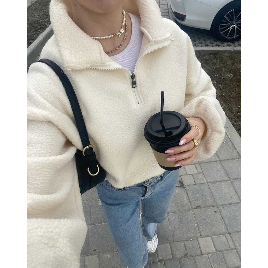 Sweater Half Zip Crop Sherpa Bulu