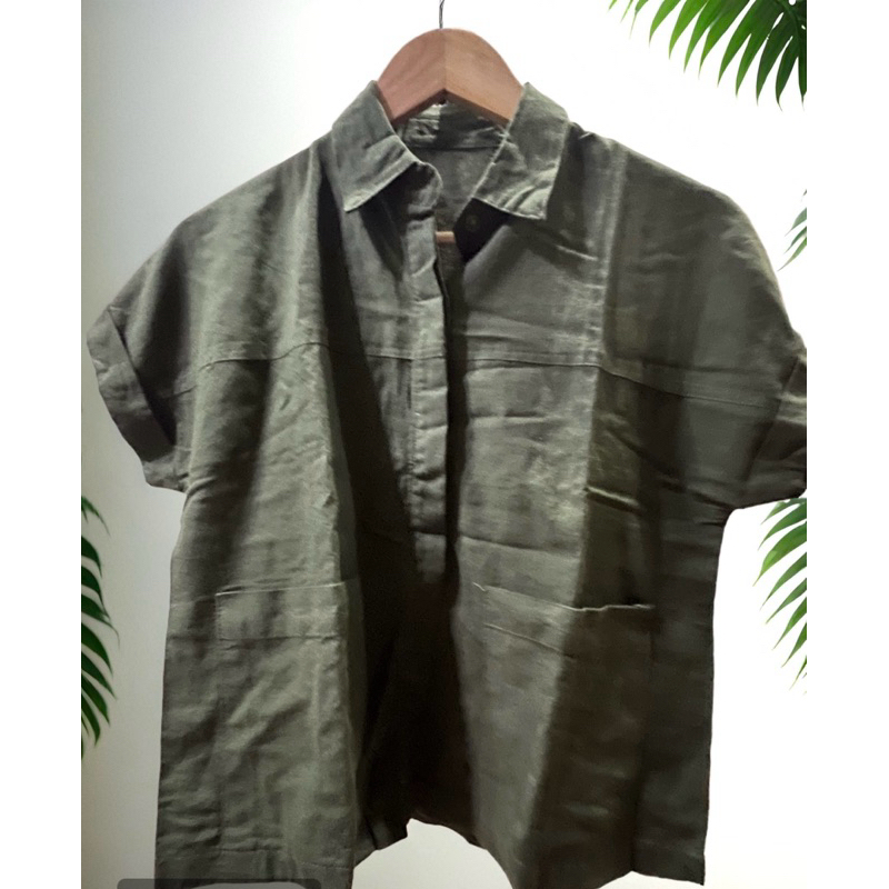 kemeja katun wanita hijau botol