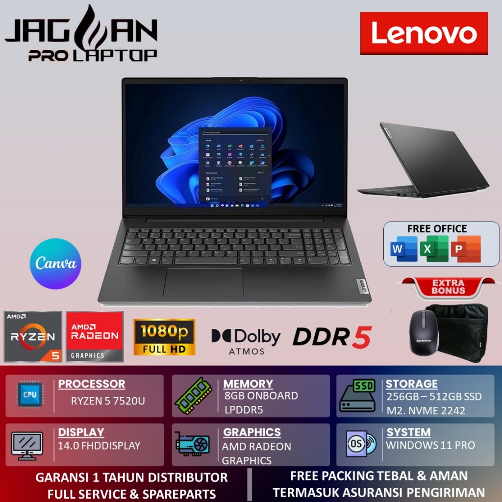 Laptop Lenovo V14 G4 Amd Ryzen 5 7520U 8GB DDR5 512GB 14.0 FHD WIN11PRO BLACK
