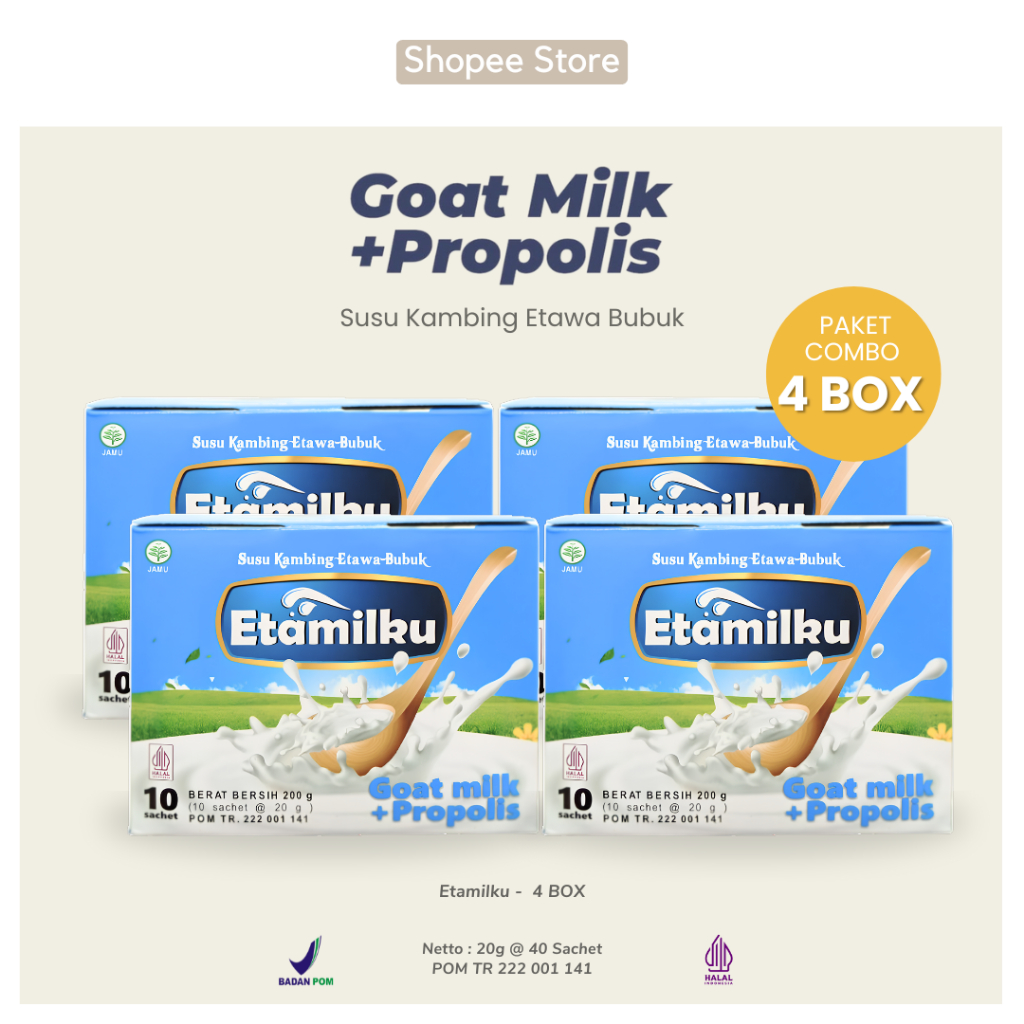 

PAKET 4 BOX ETAMILKU Susu Kambing Etawa Bubuk Plus Propolis Beepollen Asli Original
