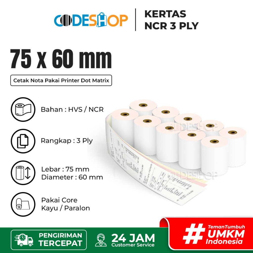 

Slop Kertas NCR 75x60 mm Ply 3 Printer Kasir Epson Matrix Point Star