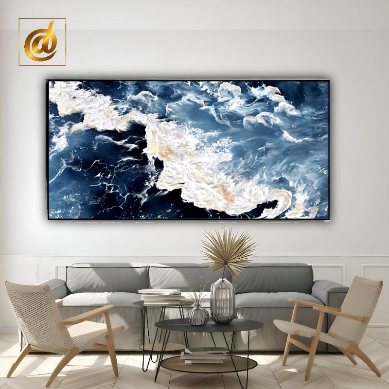 lukisan abstrak modern ombak teksture tebal plus frame 120x60 cm