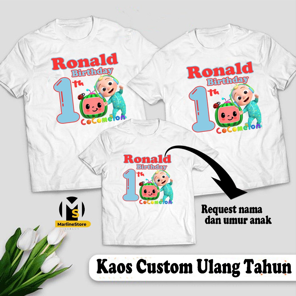 Kaos/Baju Ulang tahun Motif Cocomelon Custom nama dan umur anak