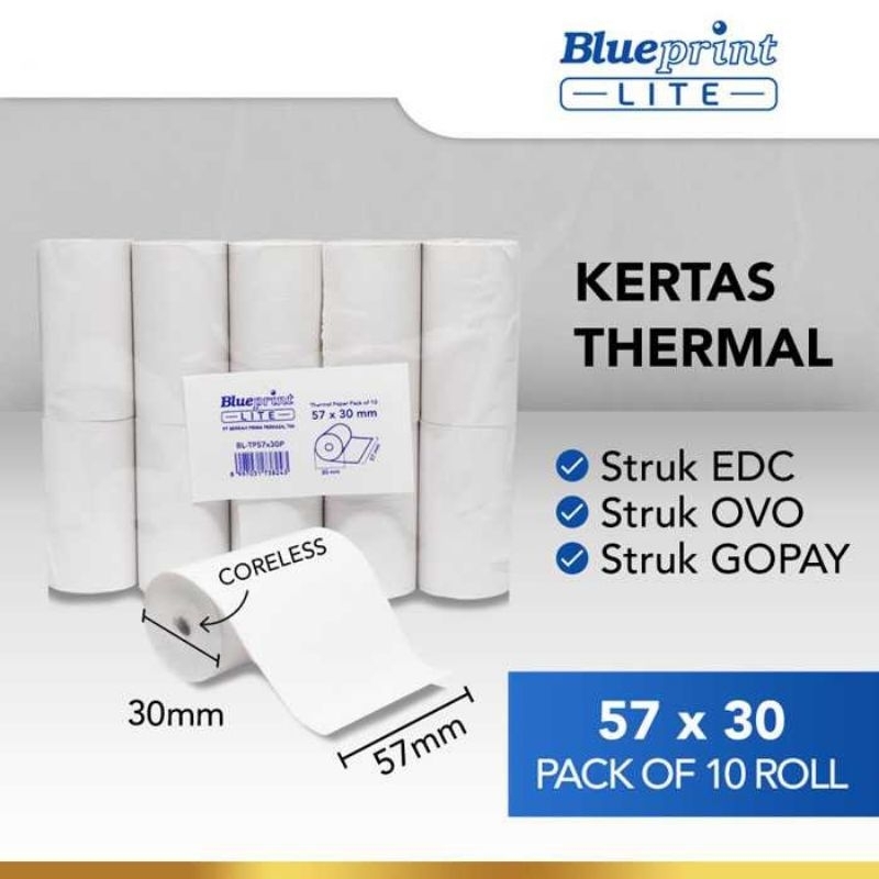 

Blueprint Lite Thermal Paper Roll 57x30mm Kertas Struk Pack Isi 10 pcs