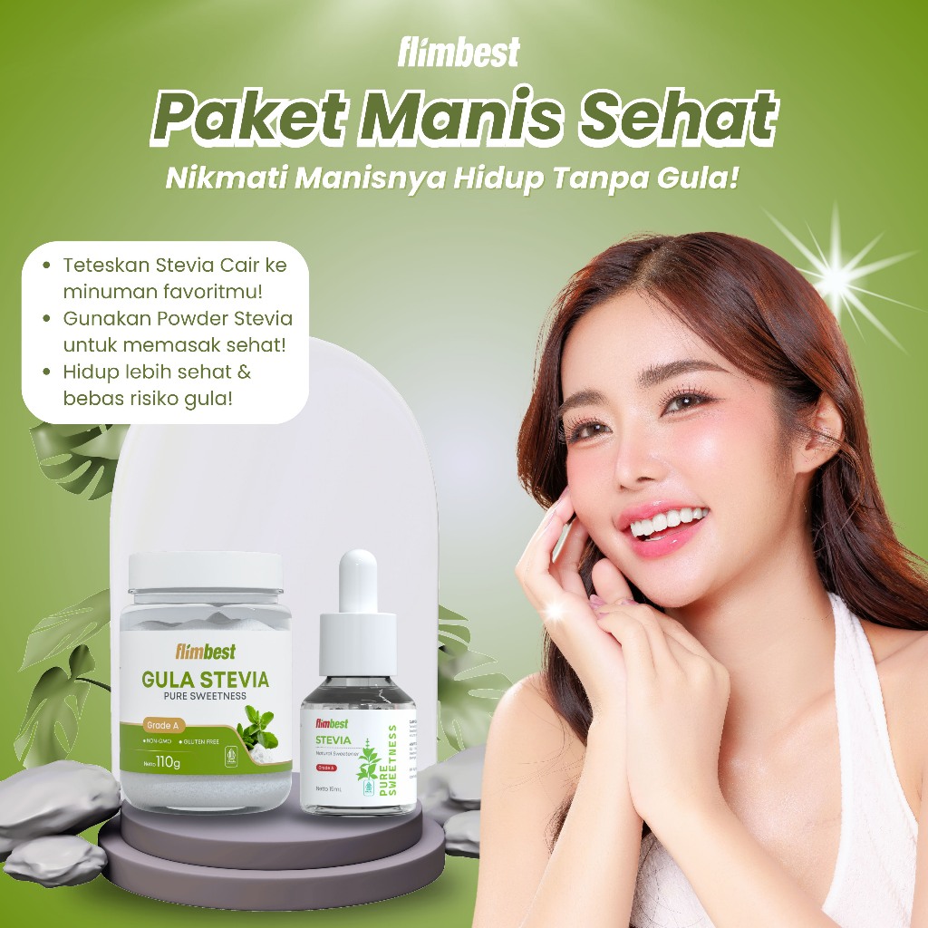 

Flimbest Gula Stevia Pemanis Alami - Grade A (Premium Quality) Liquid 15ML & Stevia Bubuk 110Gram Pure Sweetness ORIGINAL Zero Kalori Bebas Gula 0 Gr Sugar BPOM HALAL Stevia Bubuk