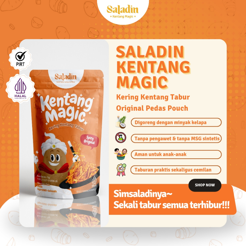 

Kentang Mustofa Saladin Original Pedas Pouch– Taburan Nasi & Cemilan, Tanpa MSG, 75g