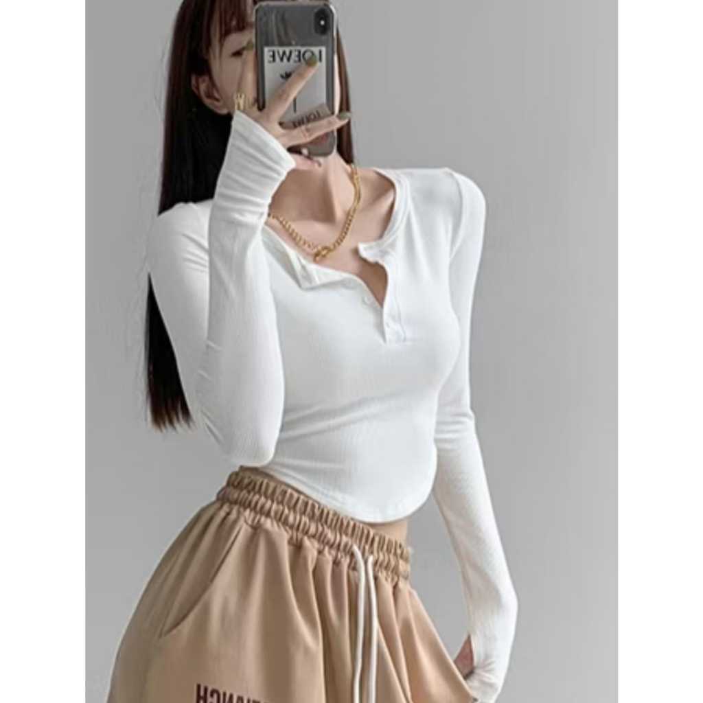 Ribben Henley Crop Top - Basic Knit Crop Top Long Sleeve Kaos Crop Lengan Panjang Kancing Terlaris K