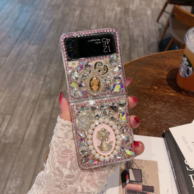 Casing Samsung Galaxy Z Flip 6 5 4 3 casing ponsel 3D Berlian Imitasi bling warna pink