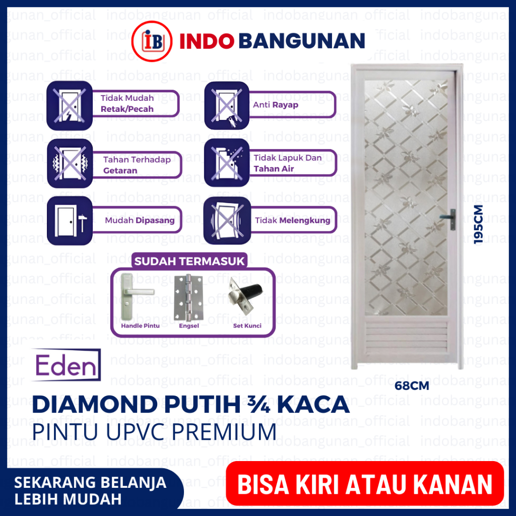 PINTU KAMAR MANDI WC 3/4 KACA ALUMUNIUM KUAT TAHAN CUACA 65X198 EDEN DIAMOND PUTIH