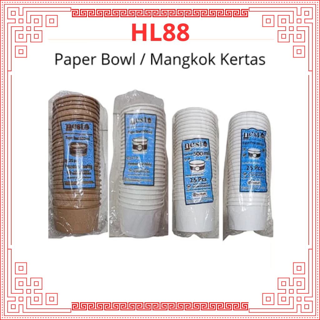 HL88 25 Pcs Paper Bowl / Mangkok Kertas / Rice Paper Bowl 360ml 500ml 650ml 800ml Putih / Coklat Plu