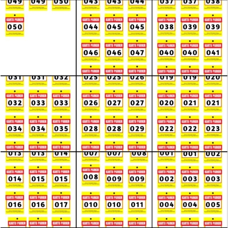 

karcis parkir kartu parkir 1-50 (angka double/ganda)