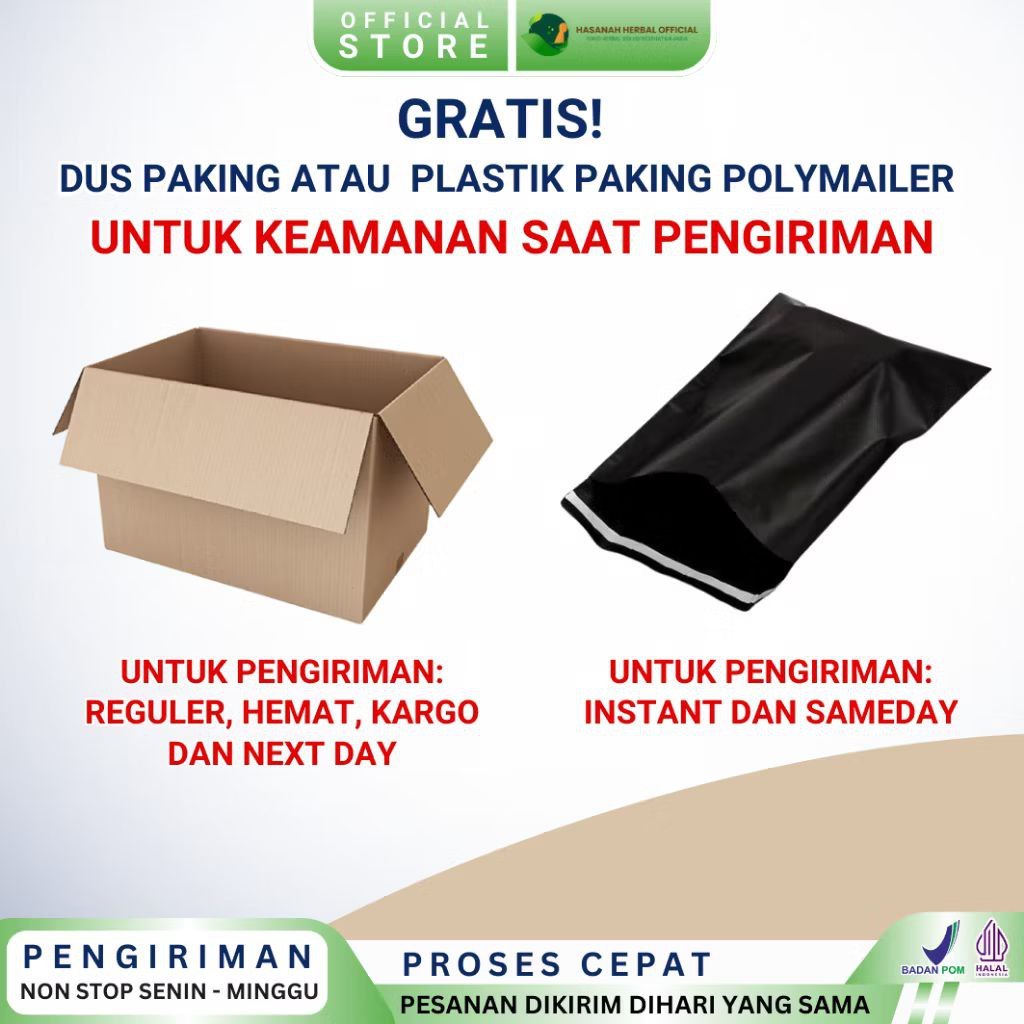 

Tambahan Dus paking atau Plastik Paking Polymailer Produk Herbal
